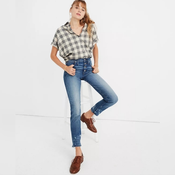 Madewell Denim - Madewell Slim Straight Distressed Button Front Jeans Blue 24
